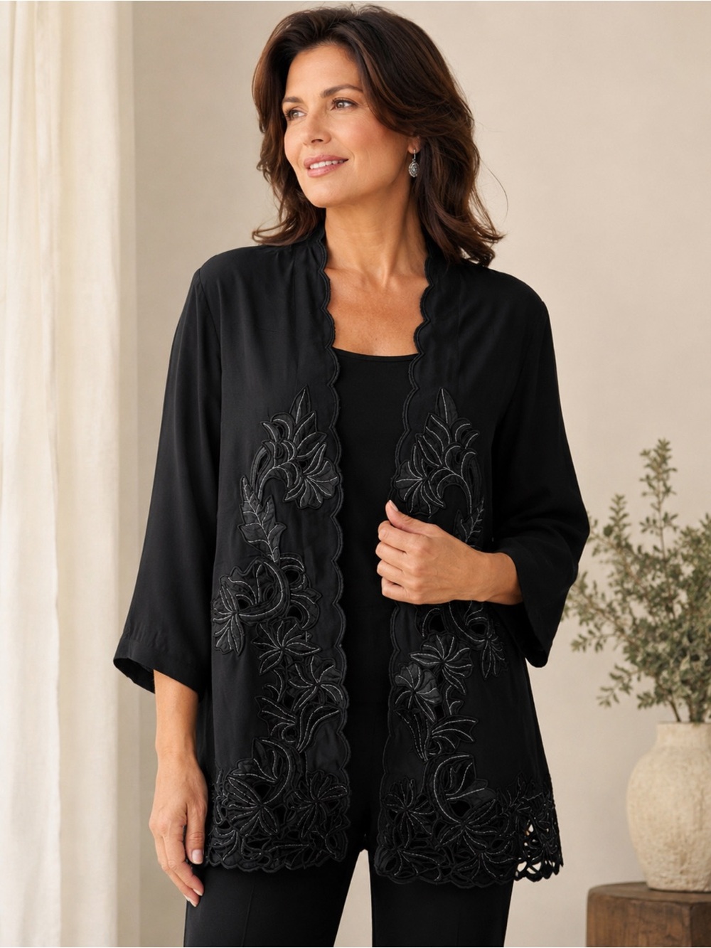 Landlady Black Embroidered Open Jacket tunic